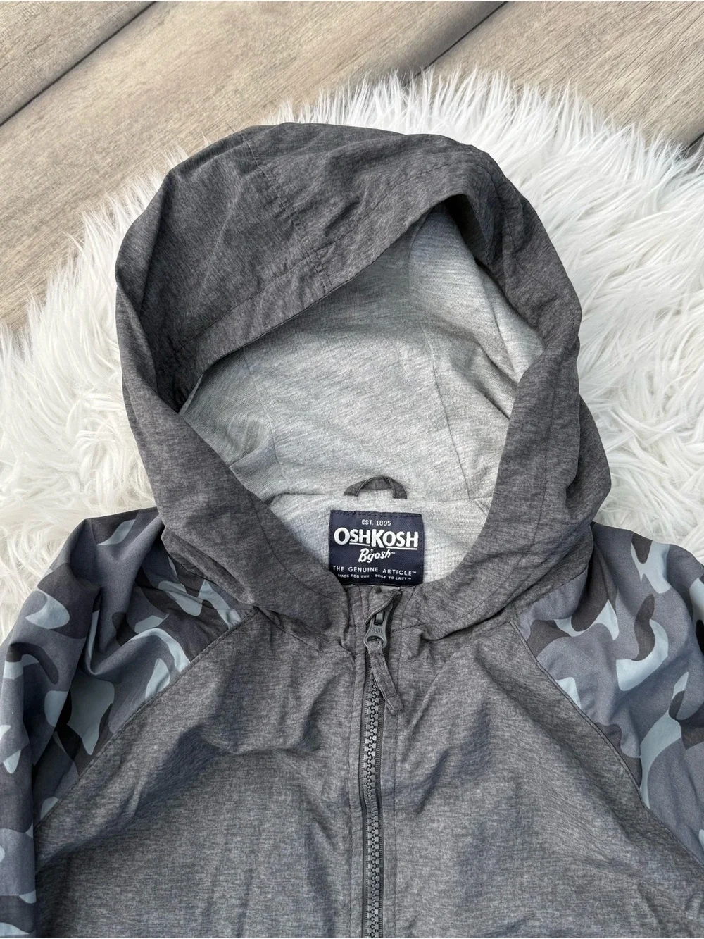 OshKosh B'gosh Boys 14 Hooded Zip Jacket - Charcoal with Gray Camo Sleeves